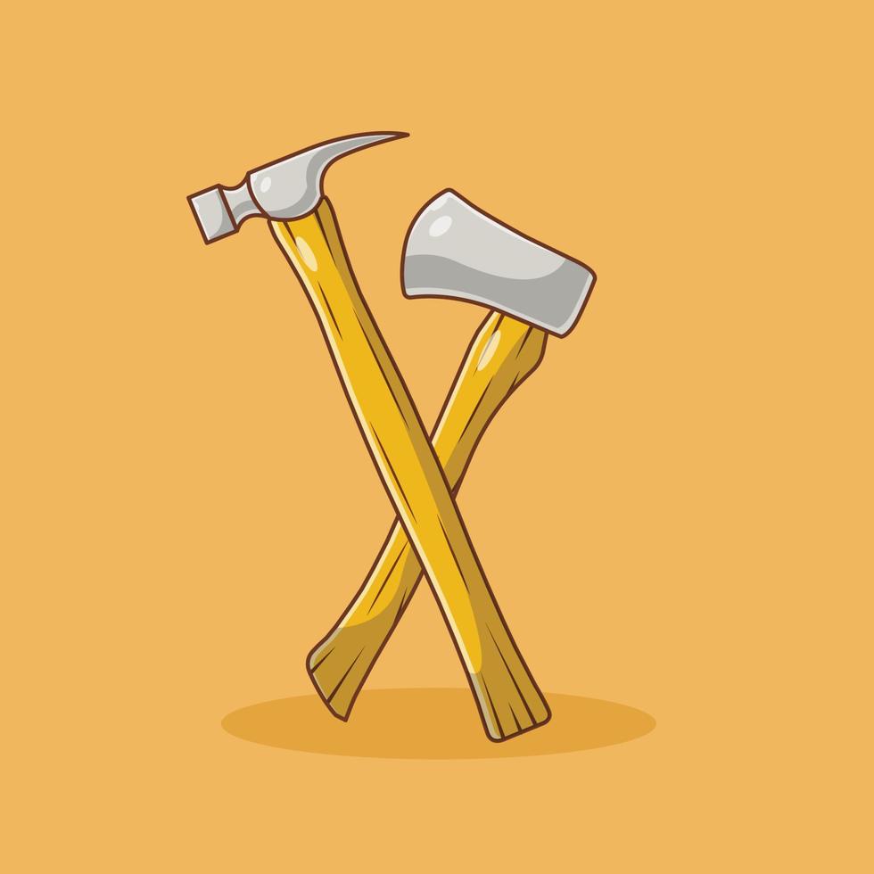 Wooden Hammer and Wooden Axe Vector Illustration. Object. Work Equipment. Flat Cartoon Style Suitable for Web Landing Page, Banner, Flyer, Sticker, Card, Background