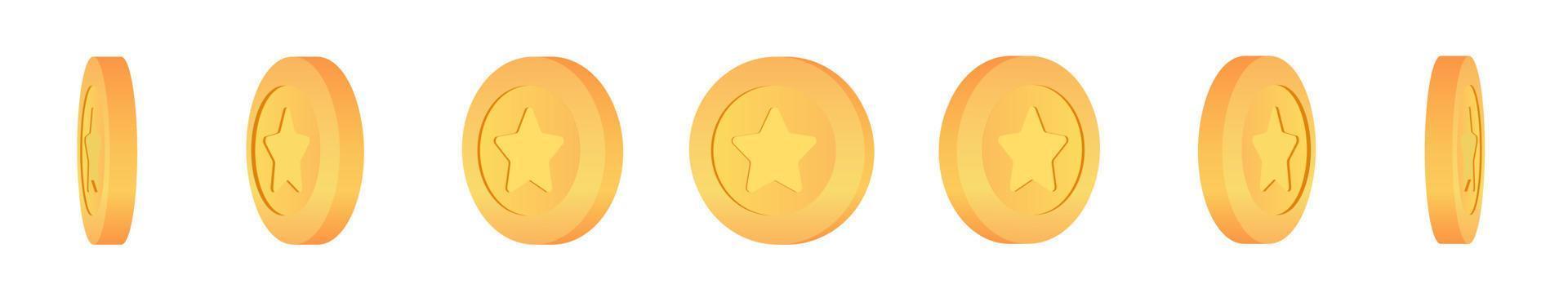 la moneda de oro 3d gira alrededor del conjunto de posiciones diferentes. monedas con la imagen de la estrella. conjunto de monedas de oro con símbolo de estrella. vector