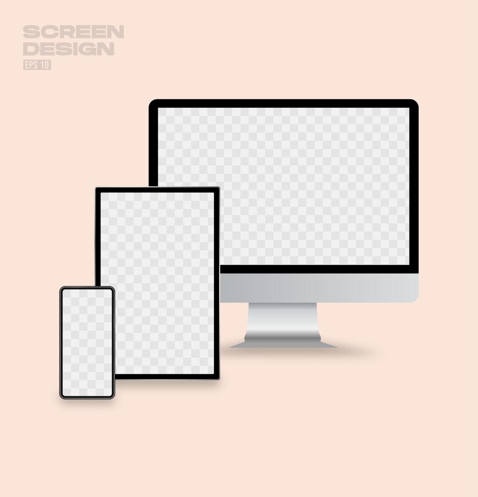 Device screen mockup. Realistic set of monitor, tablet and smartphone. vector