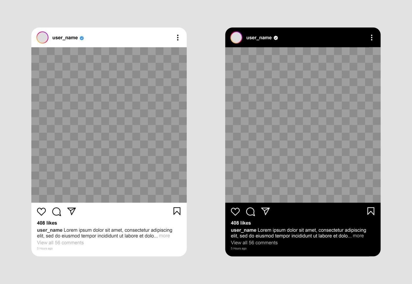 Instragram frame template with light and dark theme. Square instagram post template. Instagram screen social network mockup. vector