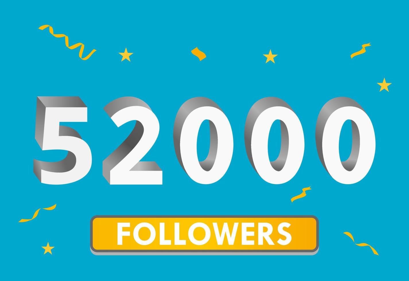 Illustration 3d numbers for social media 52k likes thanks, celebrating subscribers fans. Banner with 52000 followers vector