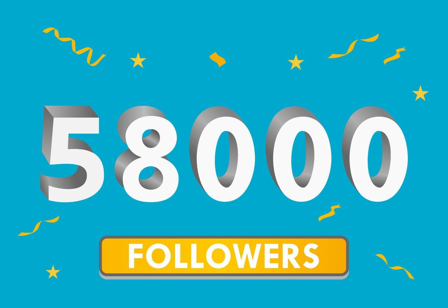 Illustration 3d numbers for social media 58k likes thanks, celebrating subscribers fans. Banner with 58000 followers vector