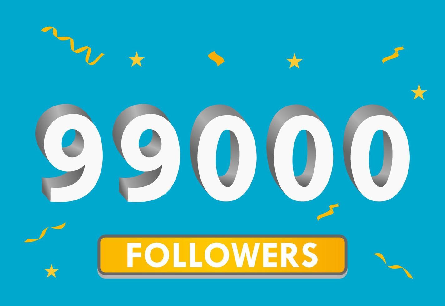 Illustration 3d numbers for social media 99k likes thanks, celebrating subscribers fans. Banner with 99000 followers vector