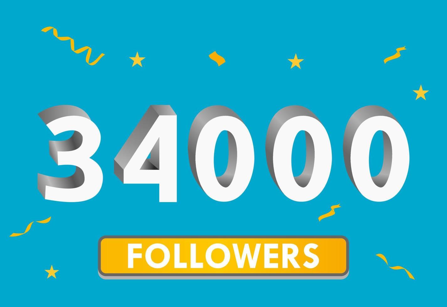 Illustration 3d numbers for social media 34k likes thanks, celebrating subscribers fans. Banner with 34000 followers vector