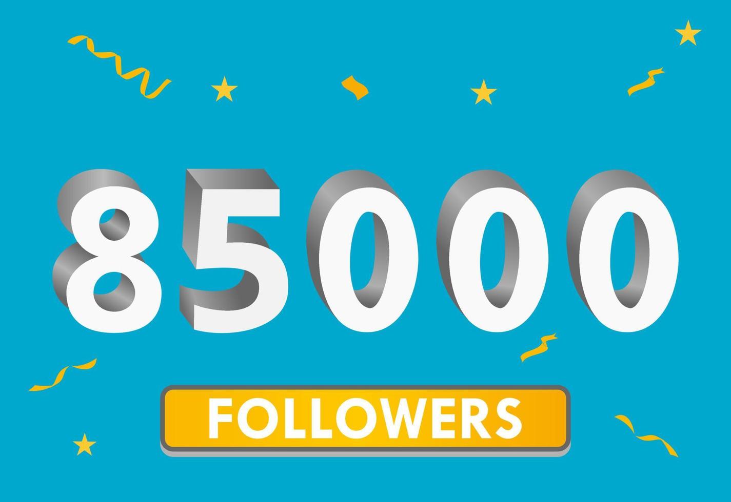 ilustración Números 3d para redes sociales 85k me gusta gracias, celebrando a los fans de los suscriptores. banner con 85000 seguidores vector
