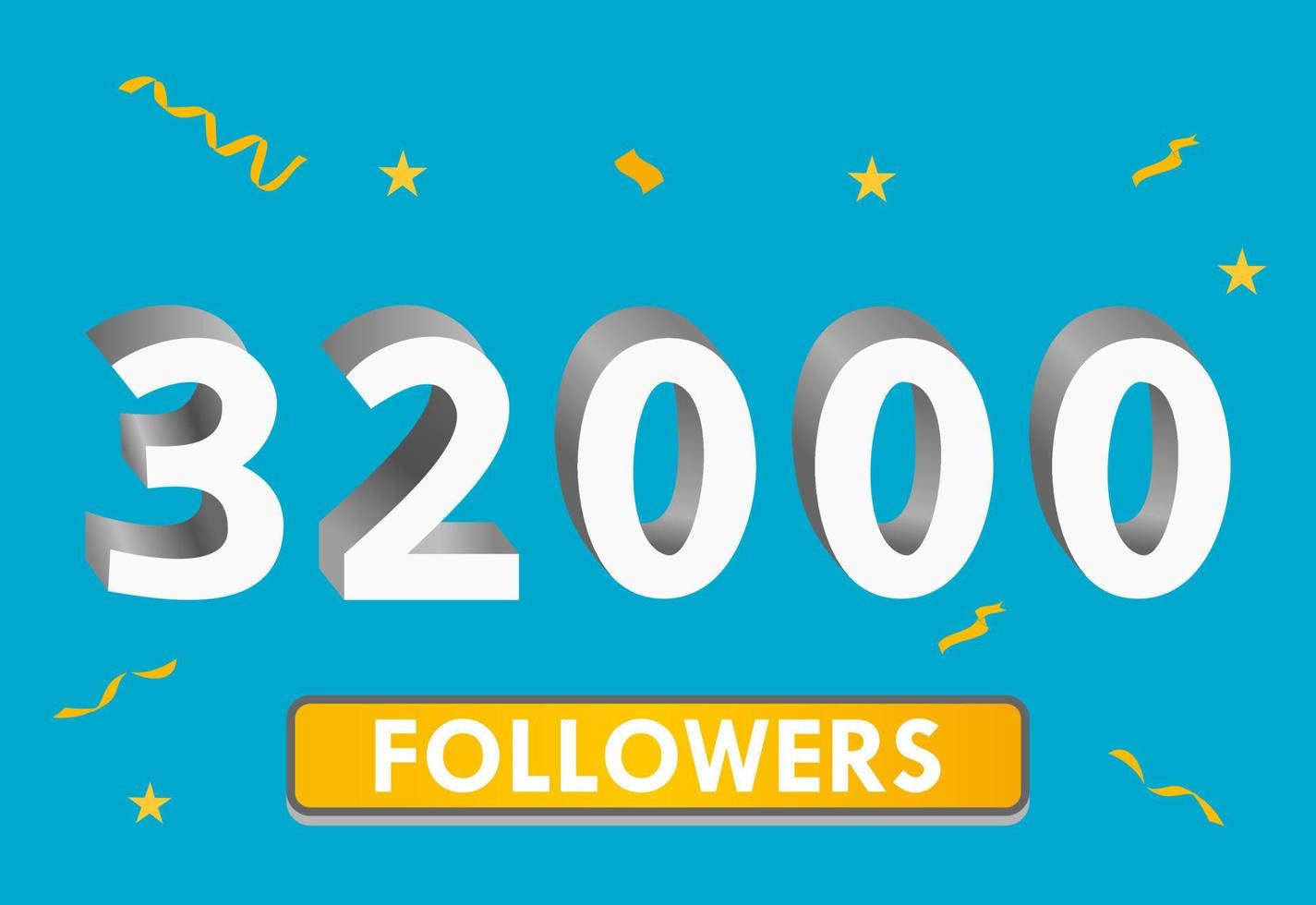 Illustration 3d numbers for social media 32k likes thanks, celebrating subscribers fans. Banner with 32000 followers vector