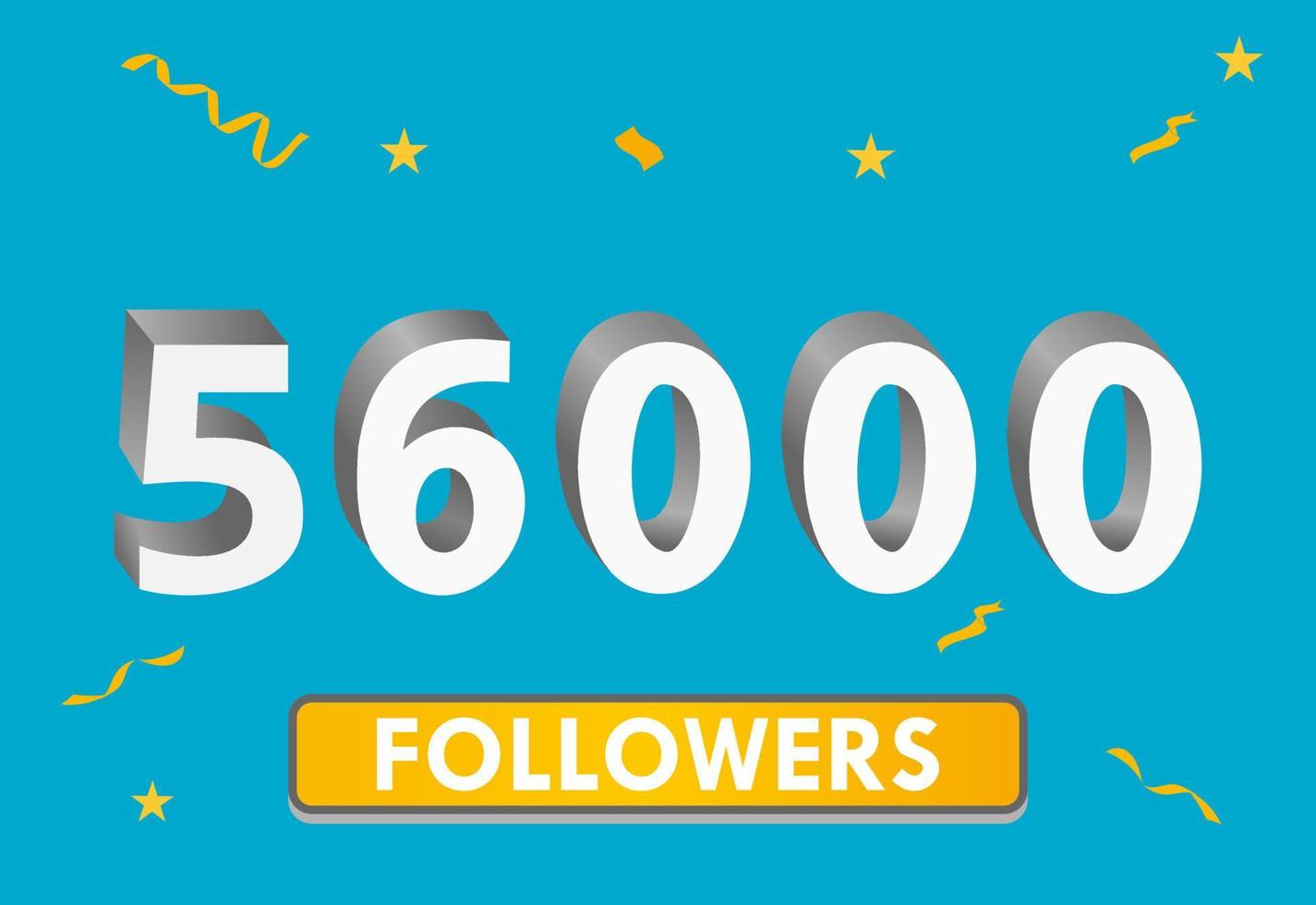 Illustration 3d numbers for social media 56k likes thanks, celebrating subscribers fans. Banner with 56000 followers vector