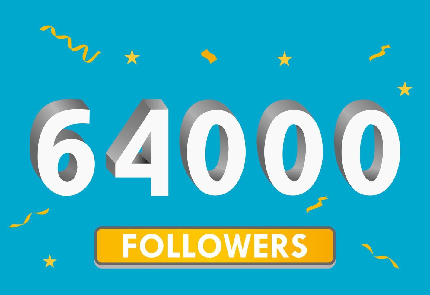 Illustration 3d numbers for social media 64k likes thanks, celebrating subscribers fans. Banner with 64000 followers vector