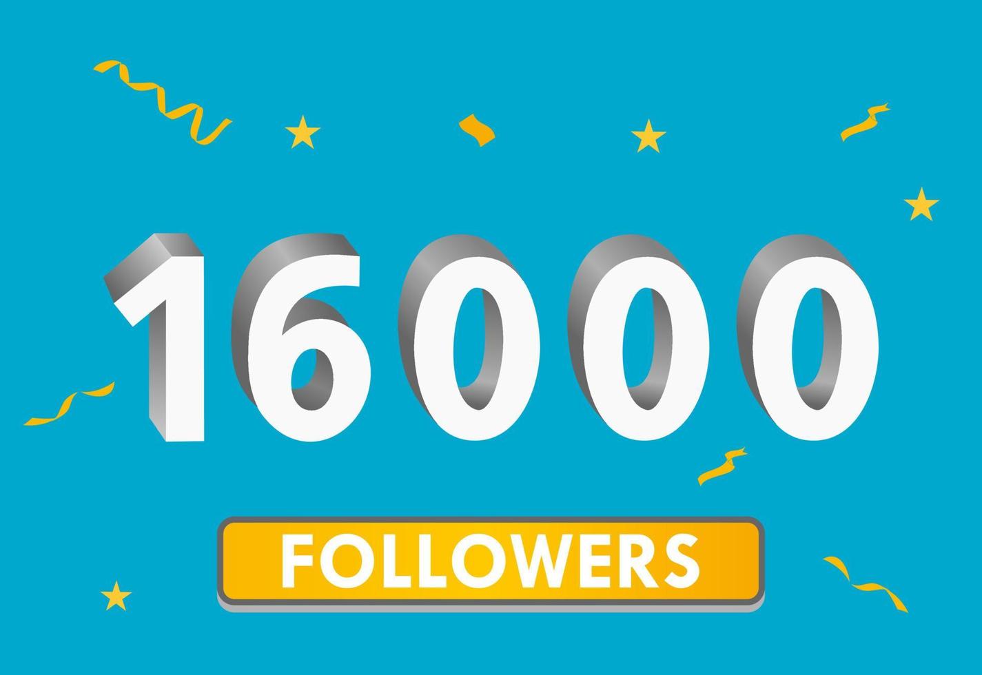 Illustration 3d numbers for social media 16k likes thanks, celebrating subscribers fans. Banner with 16000 followers vector