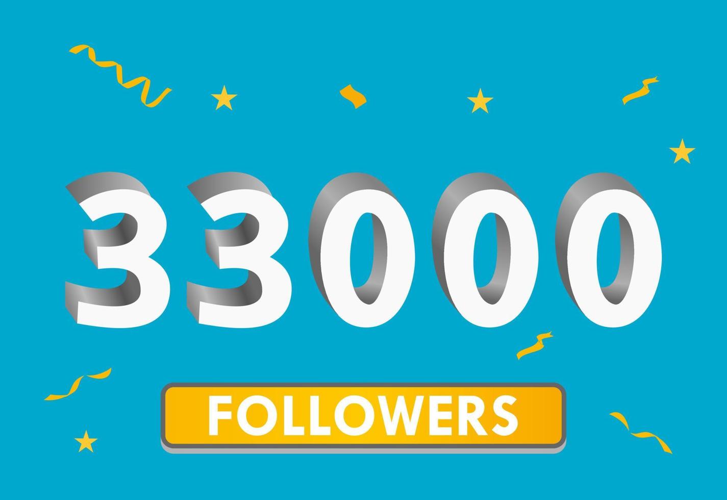 Illustration 3d numbers for social media 33k likes thanks, celebrating subscribers fans. Banner with 33000 followers vector