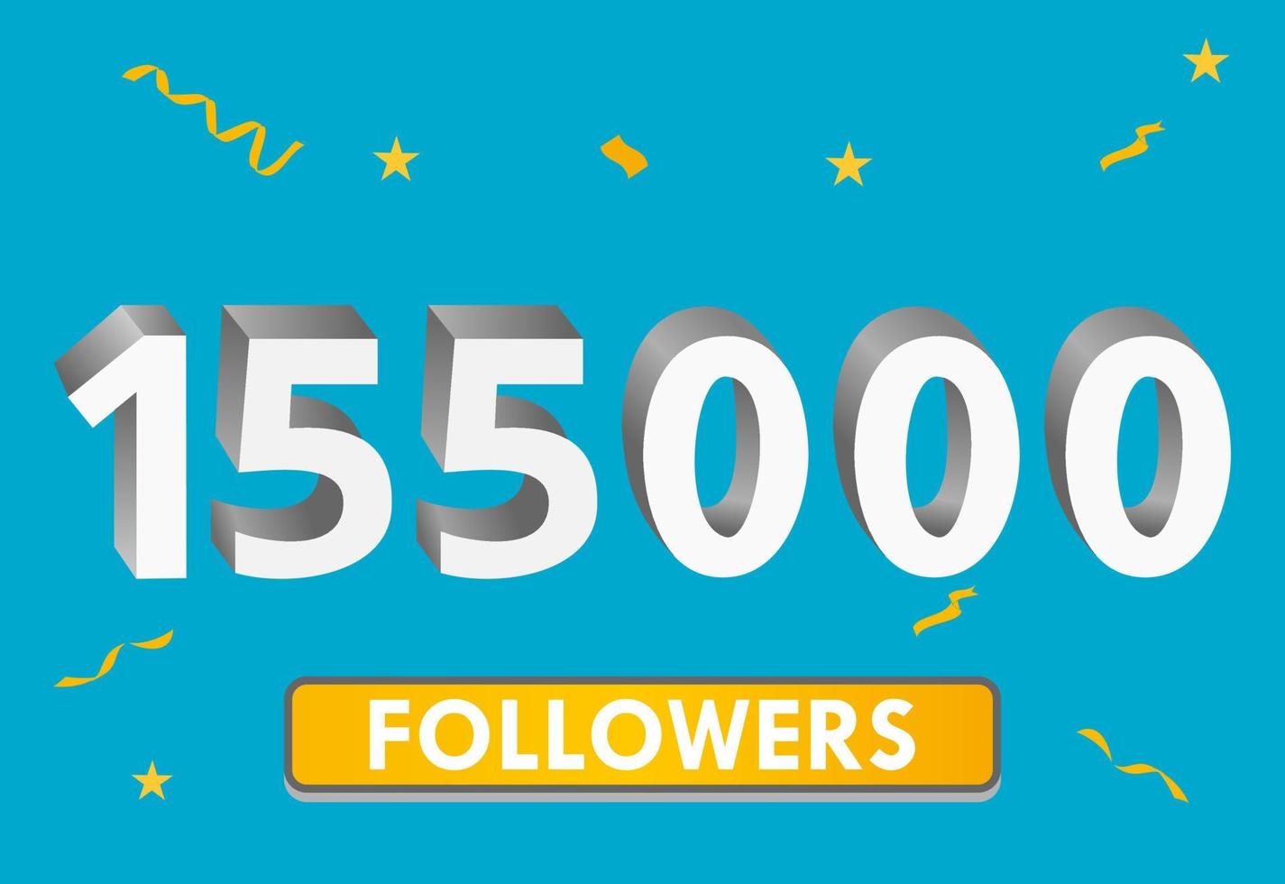 Illustration 3d numbers for social media 155k likes thanks, celebrating subscribers fans. Banner with 155000 followers vector