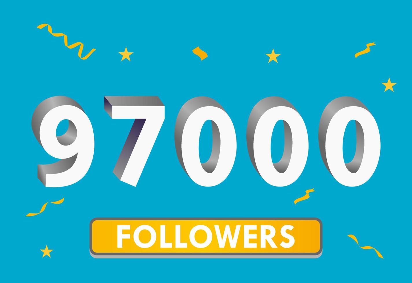 Illustration 3d numbers for social media 97k likes thanks, celebrating subscribers fans. Banner with 97000 followers vector