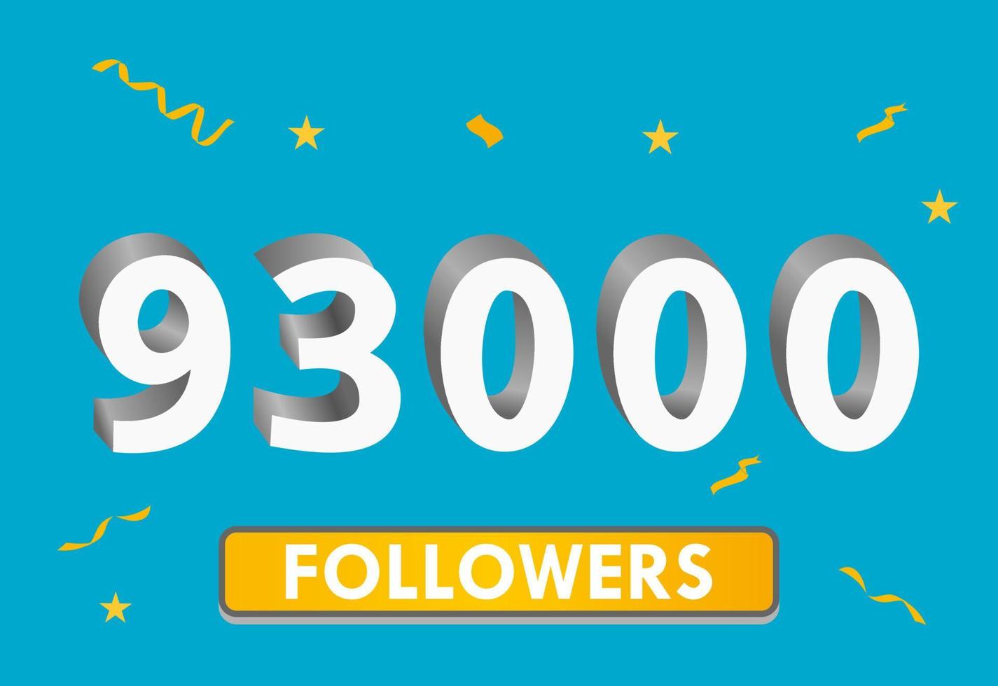 Illustration 3d numbers for social media 93k likes thanks, celebrating subscribers fans. Banner with 93000 followers vector