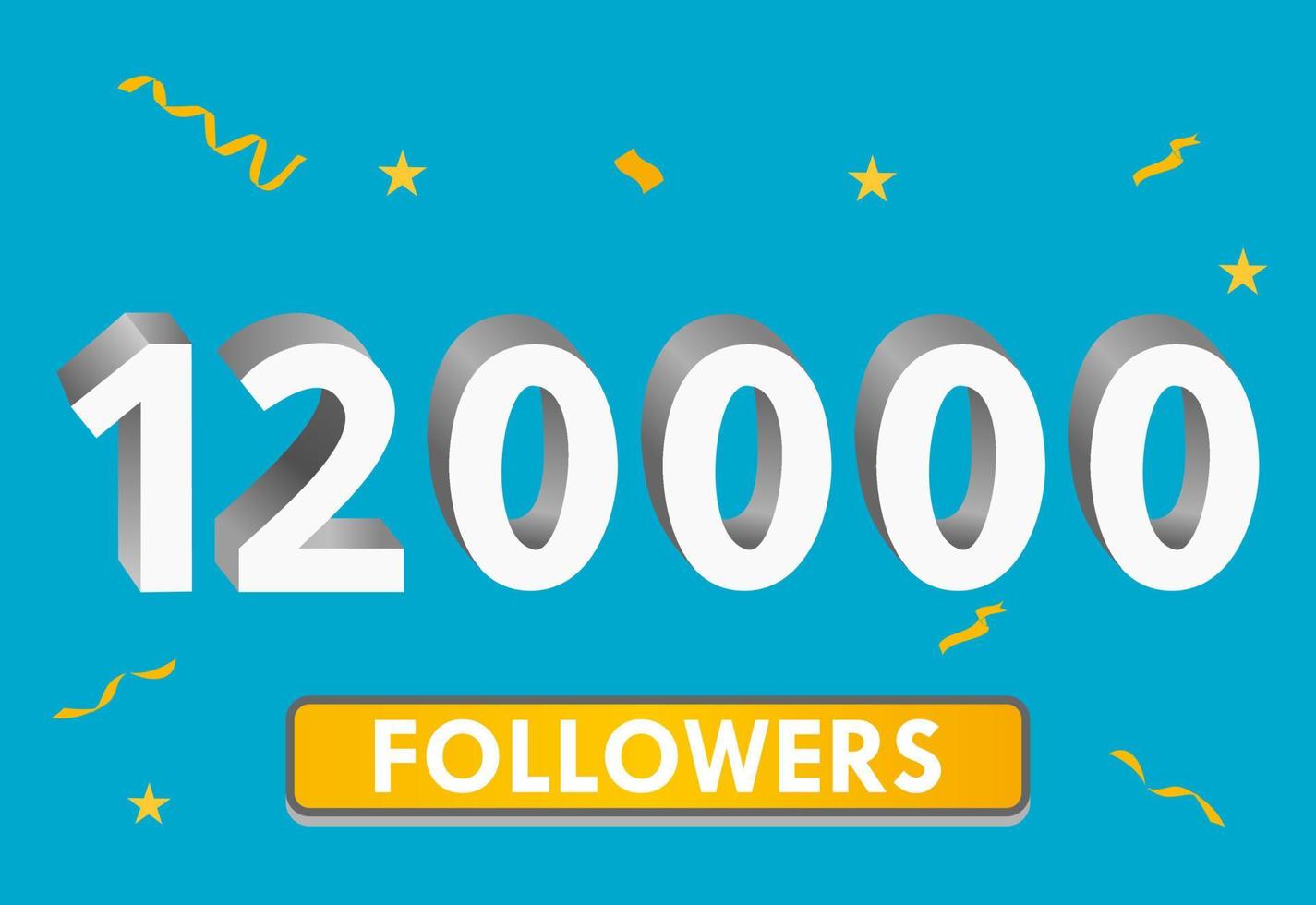 Illustration 3d numbers for social media 120k likes thanks, celebrating subscribers fans. Banner with 120000 followers vector