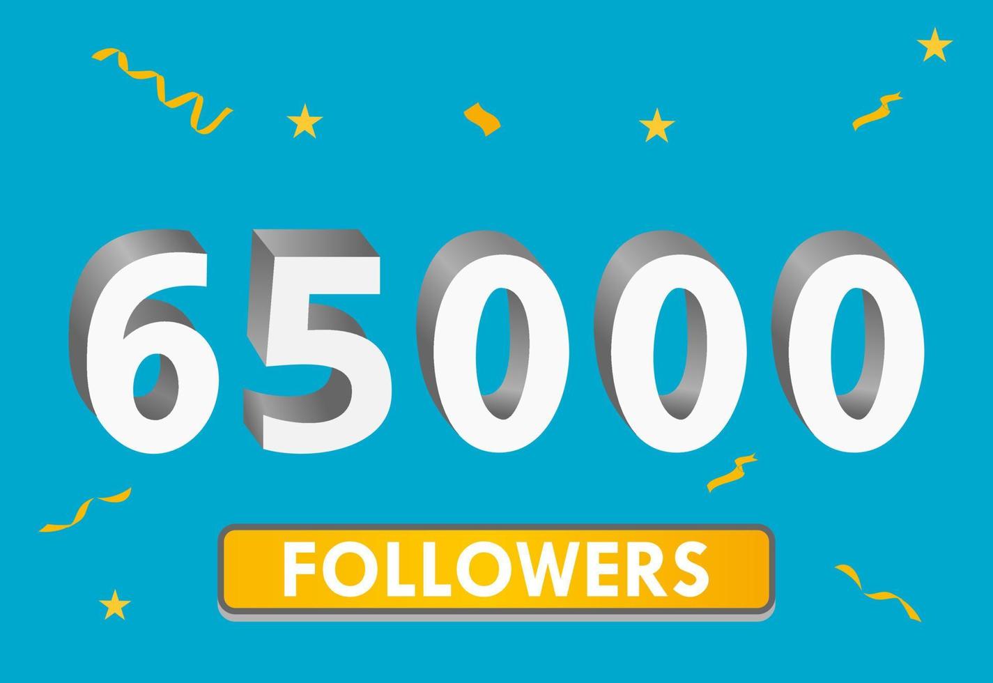 Illustration 3d numbers for social media 65k likes thanks, celebrating subscribers fans. Banner with 65000 followers vector