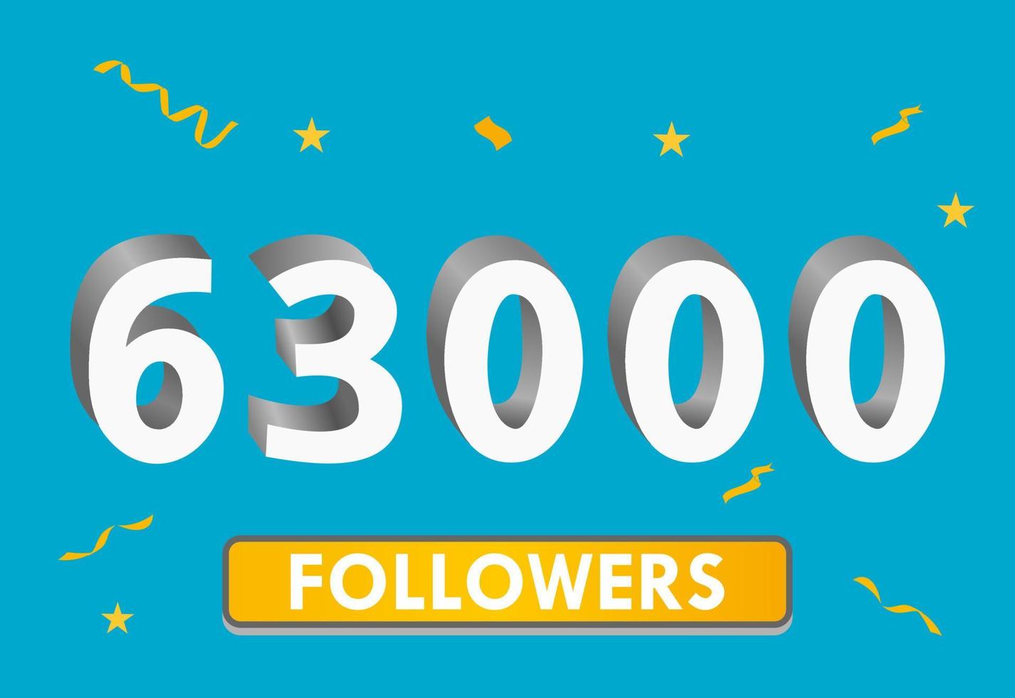 Illustration 3d numbers for social media 63k likes thanks, celebrating subscribers fans. Banner with 63000 followers vector