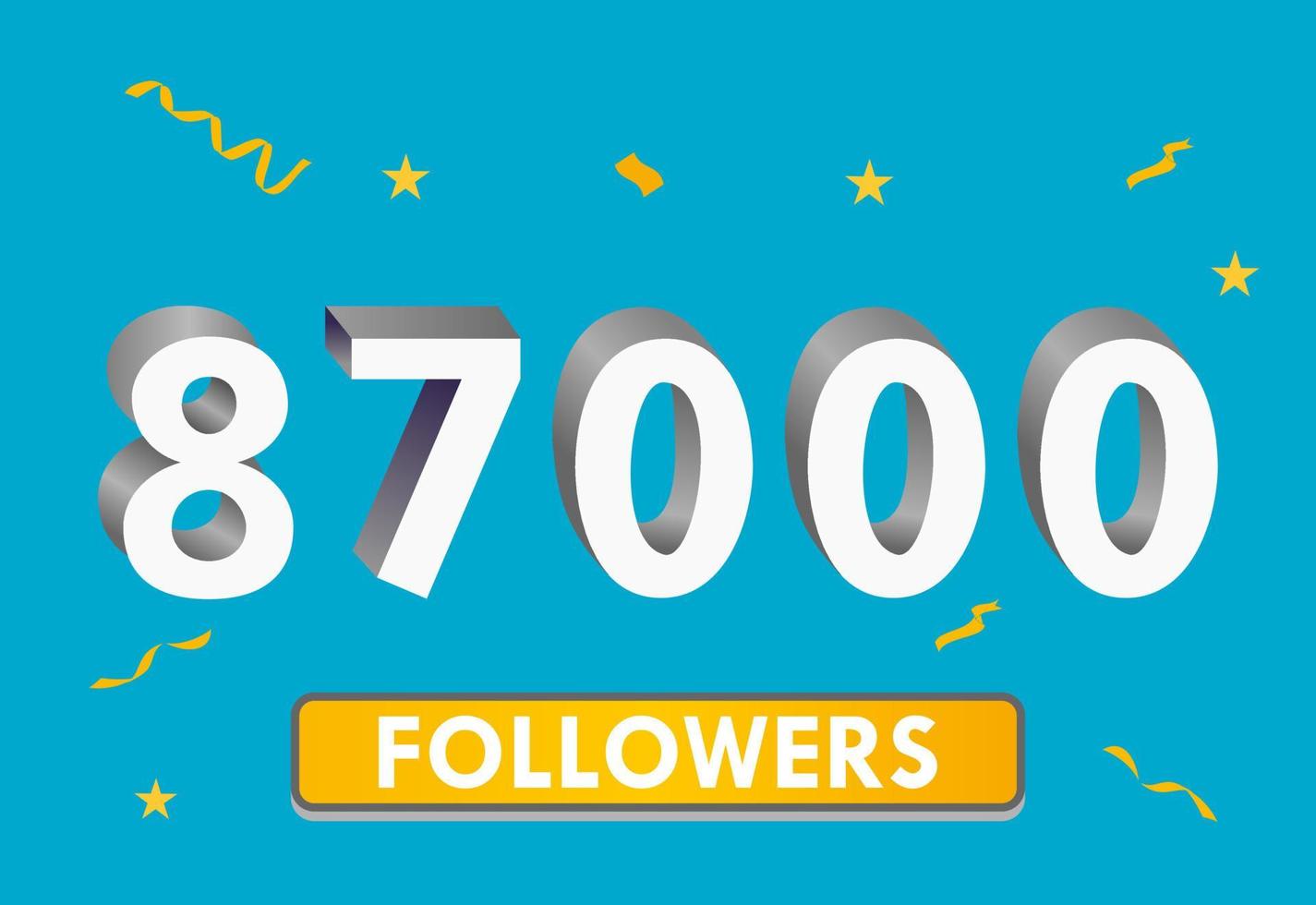 Illustration 3d numbers for social media 87k likes thanks, celebrating subscribers fans. Banner with 87000 followers vector