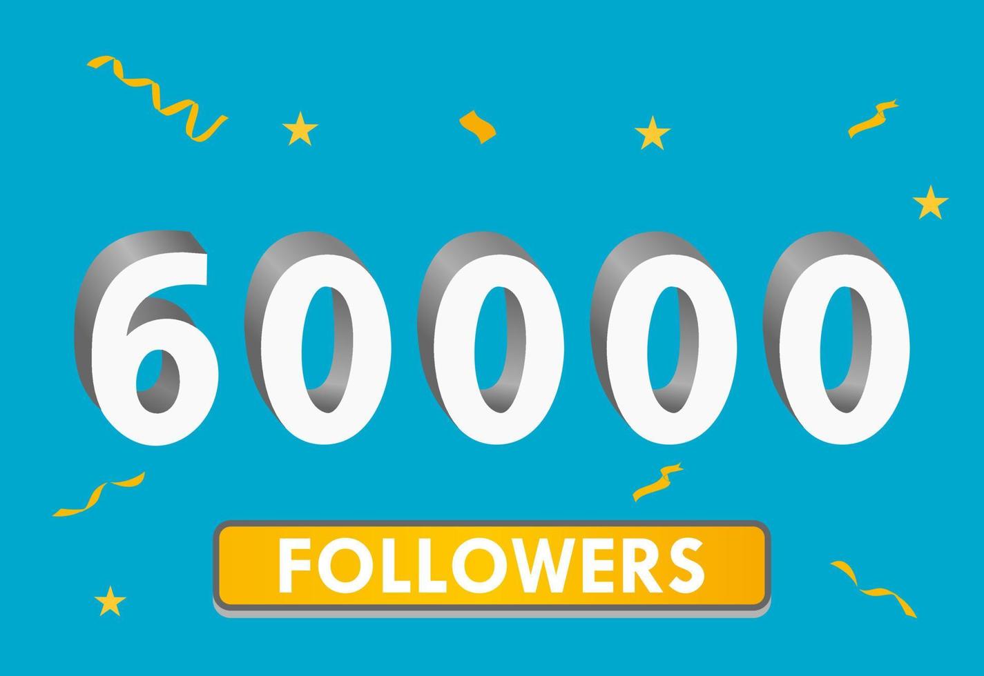 Illustration 3d numbers for social media 60k likes thanks, celebrating subscribers fans. Banner with 60000 followers vector
