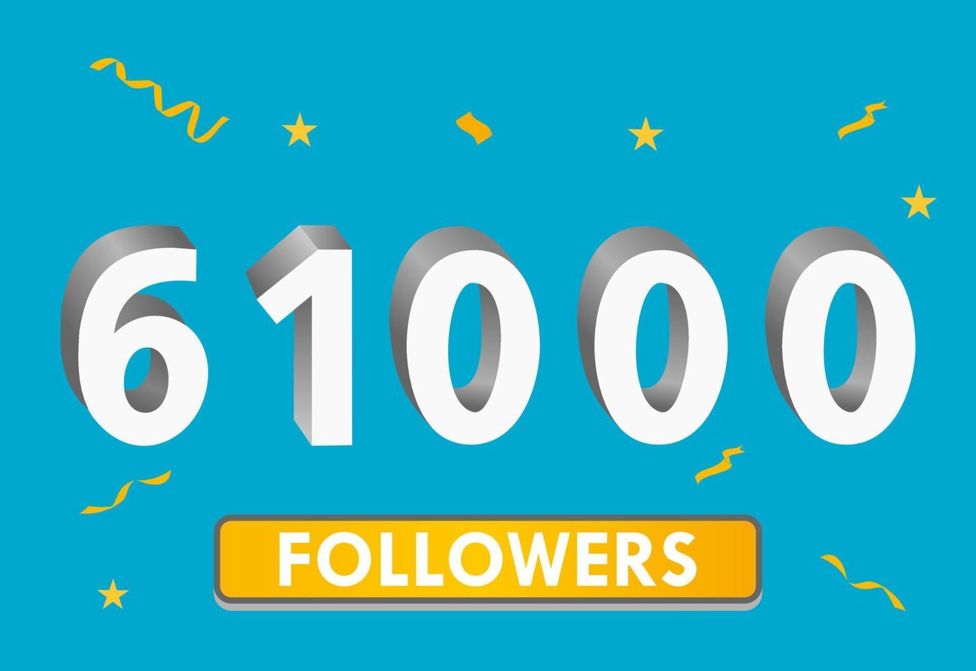 ilustración Números 3d para redes sociales 61k me gusta gracias, celebrando a los fans de los suscriptores. banner con 61000 seguidores vector