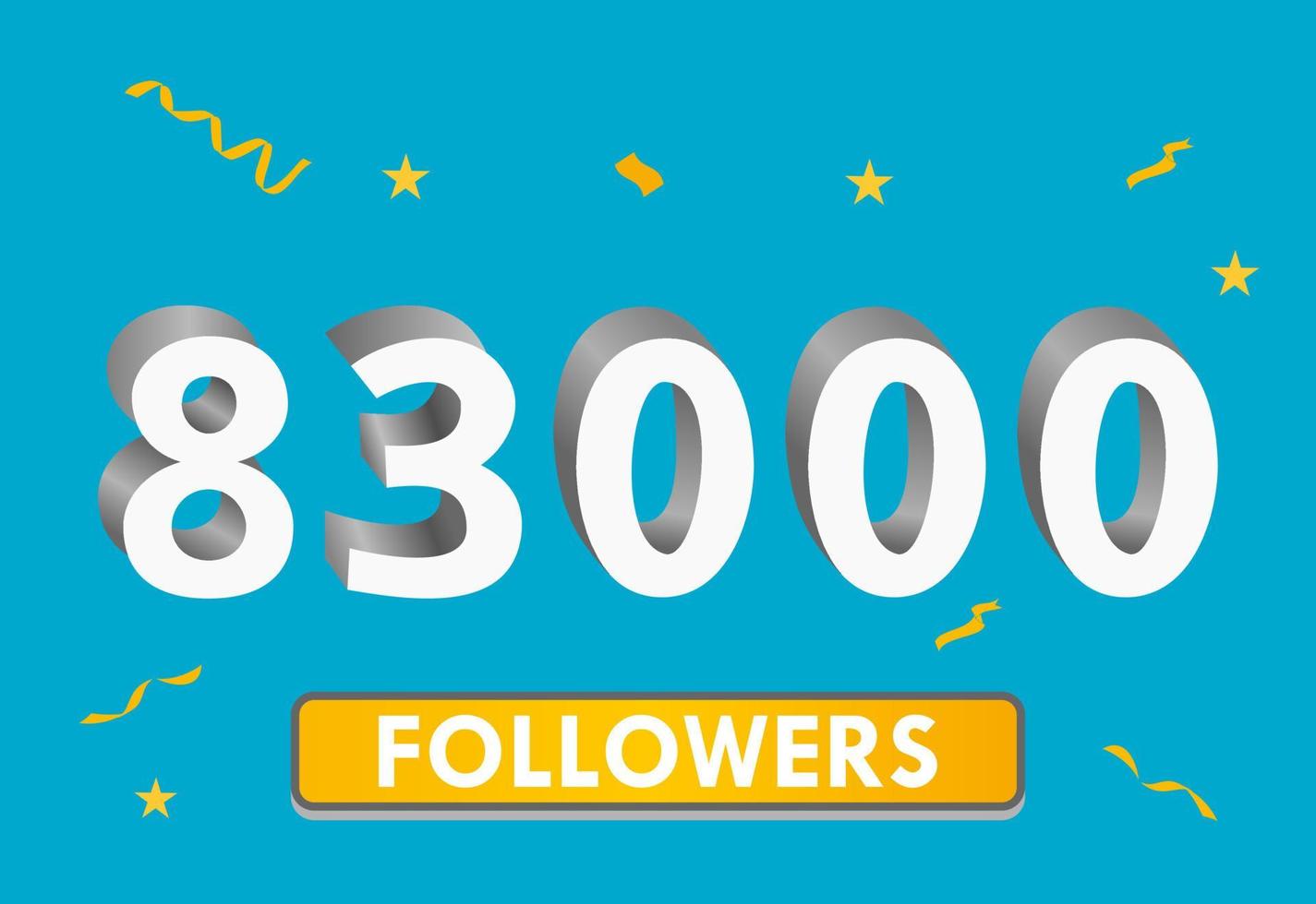 Illustration 3d numbers for social media 83k likes thanks, celebrating subscribers fans. Banner with 83000 followers vector