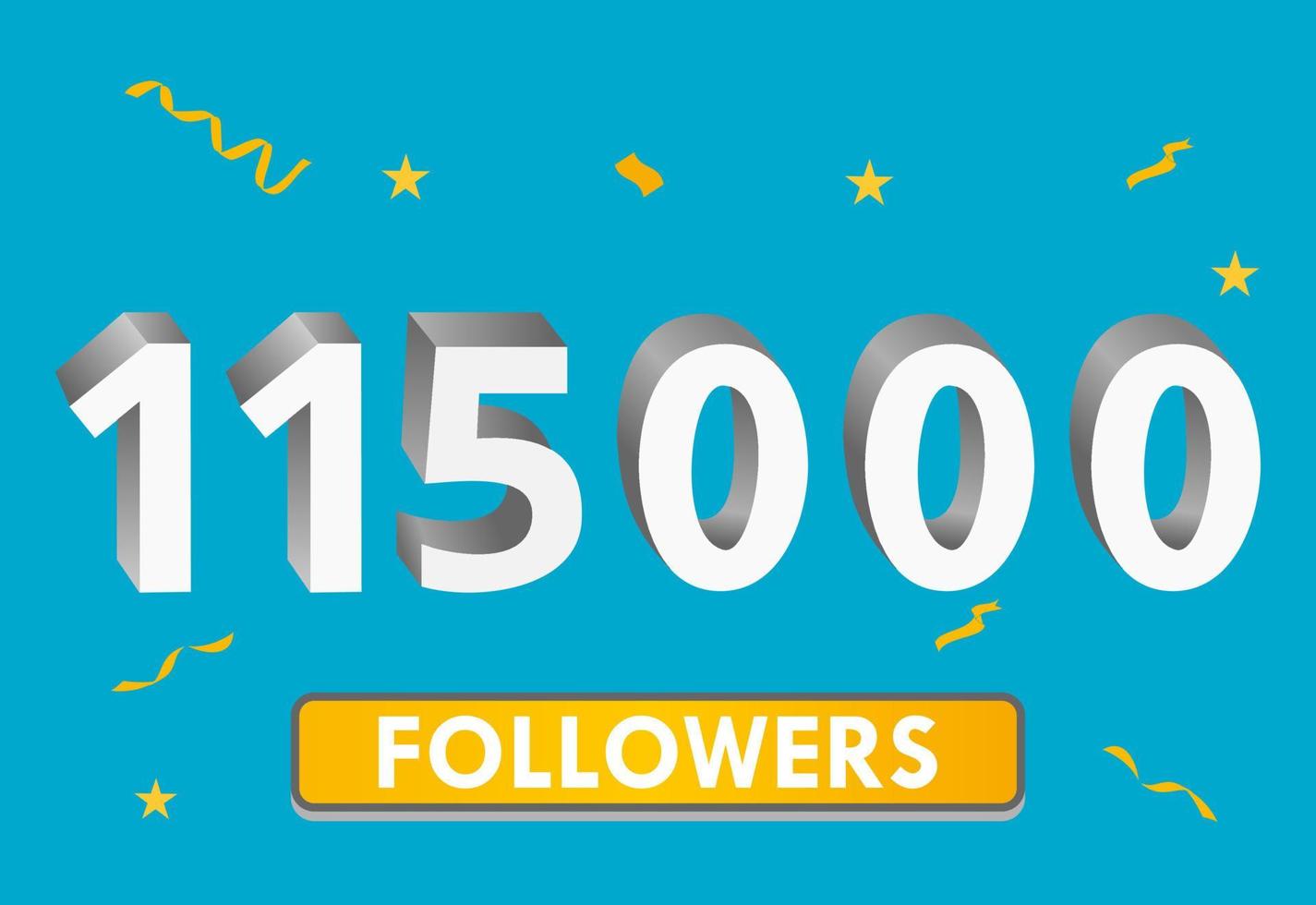 Illustration 3d numbers for social media 115k likes thanks, celebrating subscribers fans. Banner with 115000 followers vector