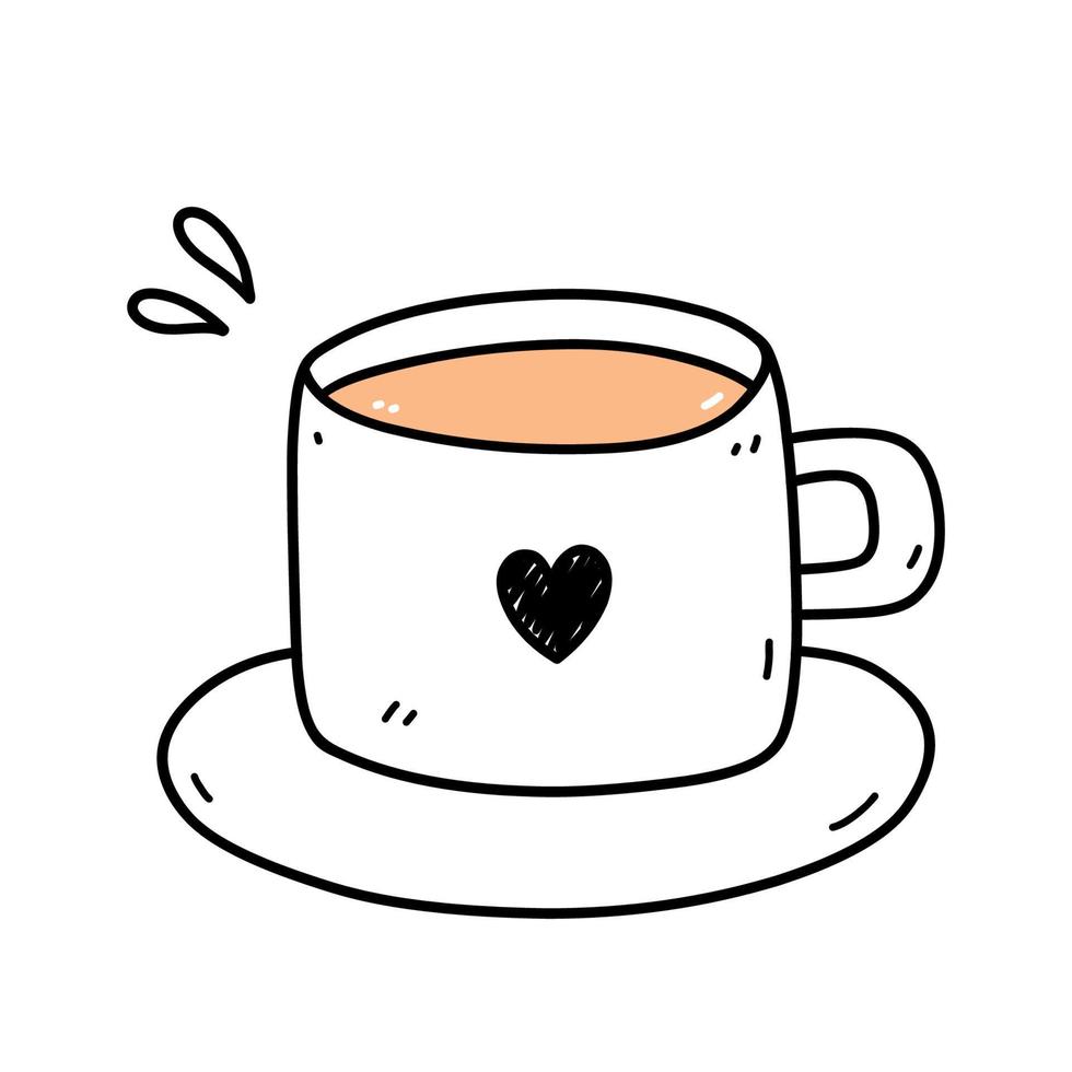 Linda taza de café en un platillo aislado sobre fondo blanco. ilustración vectorial dibujada a mano en estilo garabato. perfecto para tarjetas, menú, logo, decoraciones. vector