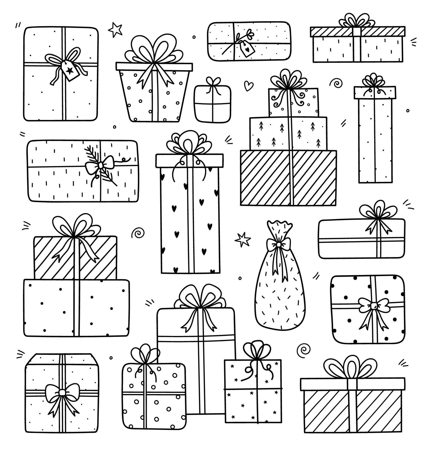 Cute set of doodles with gifts isolated on white background. Presents