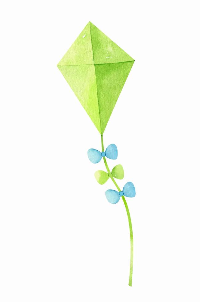 Green kite with colorful bows isolated on white background. A subject for fun leisure. Watercolor hand-drawn illustration. Perfect for prints, posters, covers, cards, decorations. vector