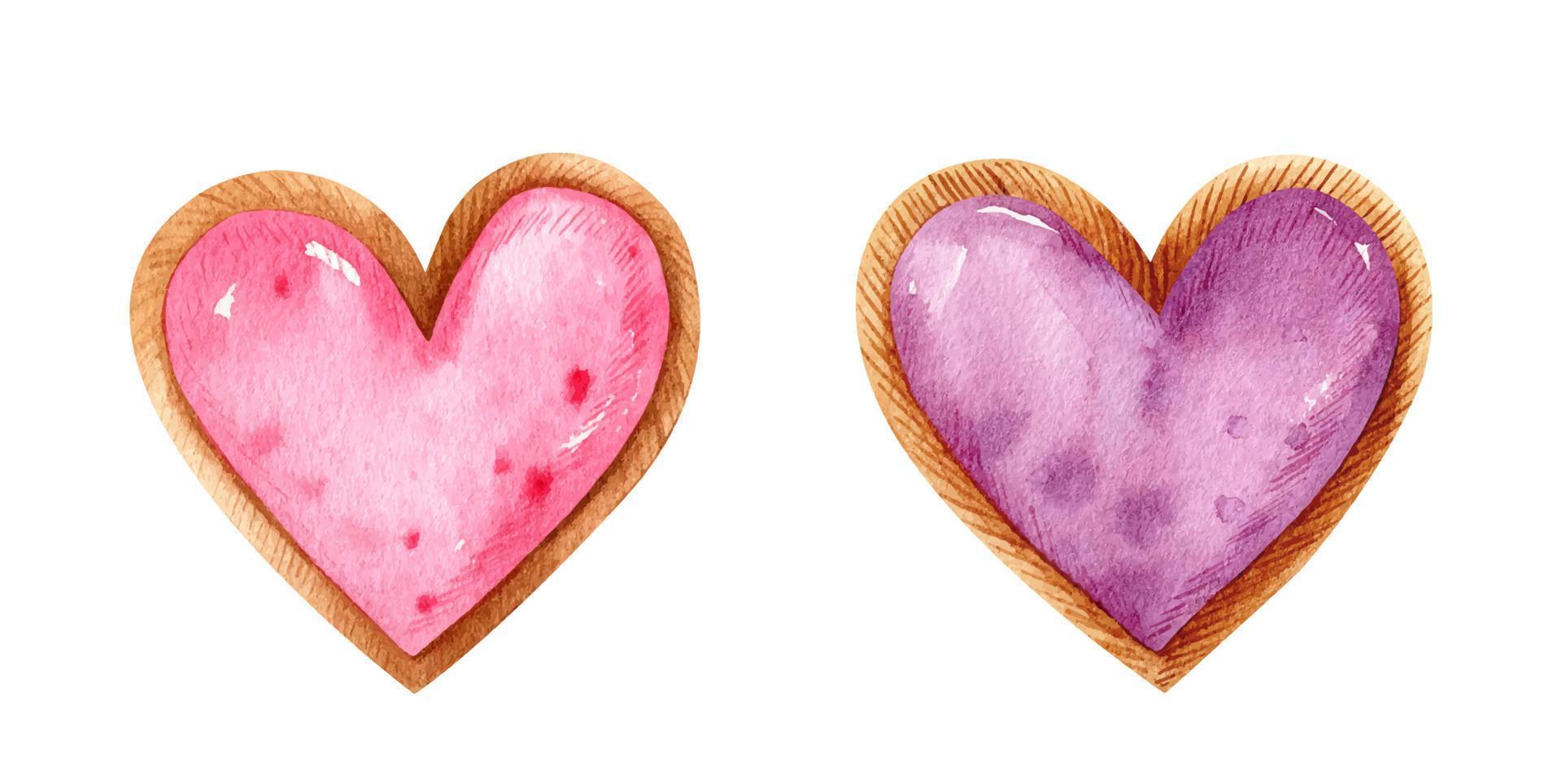 Valentine's day watercolor set with heart shaped desserts. Cookies with fruit filling and festive decor. Hand-drawn illustration. Perfect for your project, cards, prints, covers, menu, patterns. vector
