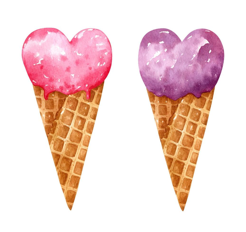 acuarela de san valentín con postres en forma de corazón. Helado de fresa y arándano en conos de gofre aislados en fondo blanco. perfecto para su proyecto, postales, impresiones, decoración, menú. vector