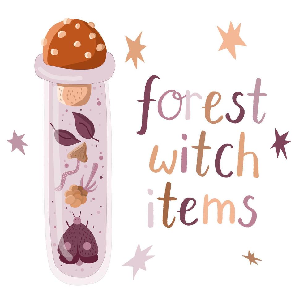 Witches potion jar with amanita cloudberries leaves and sparkles vector