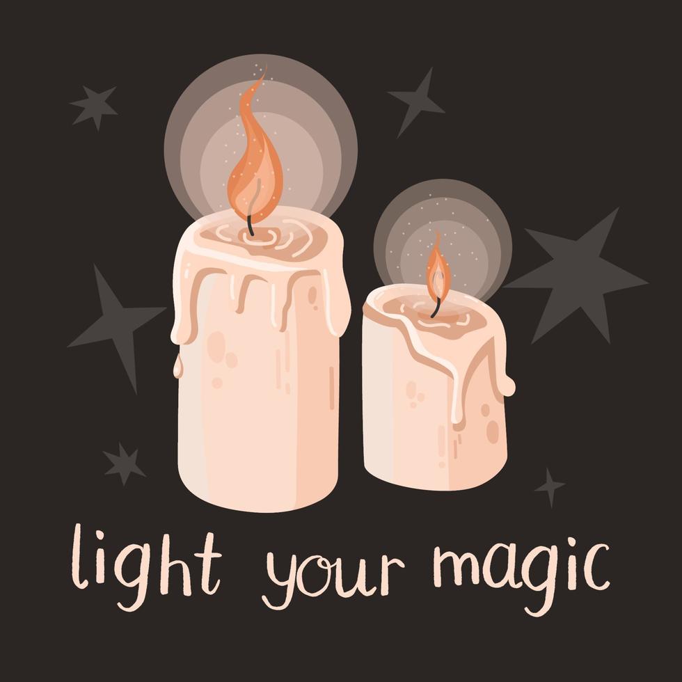 Two burning magic wax candles with quote  on a dark background vector