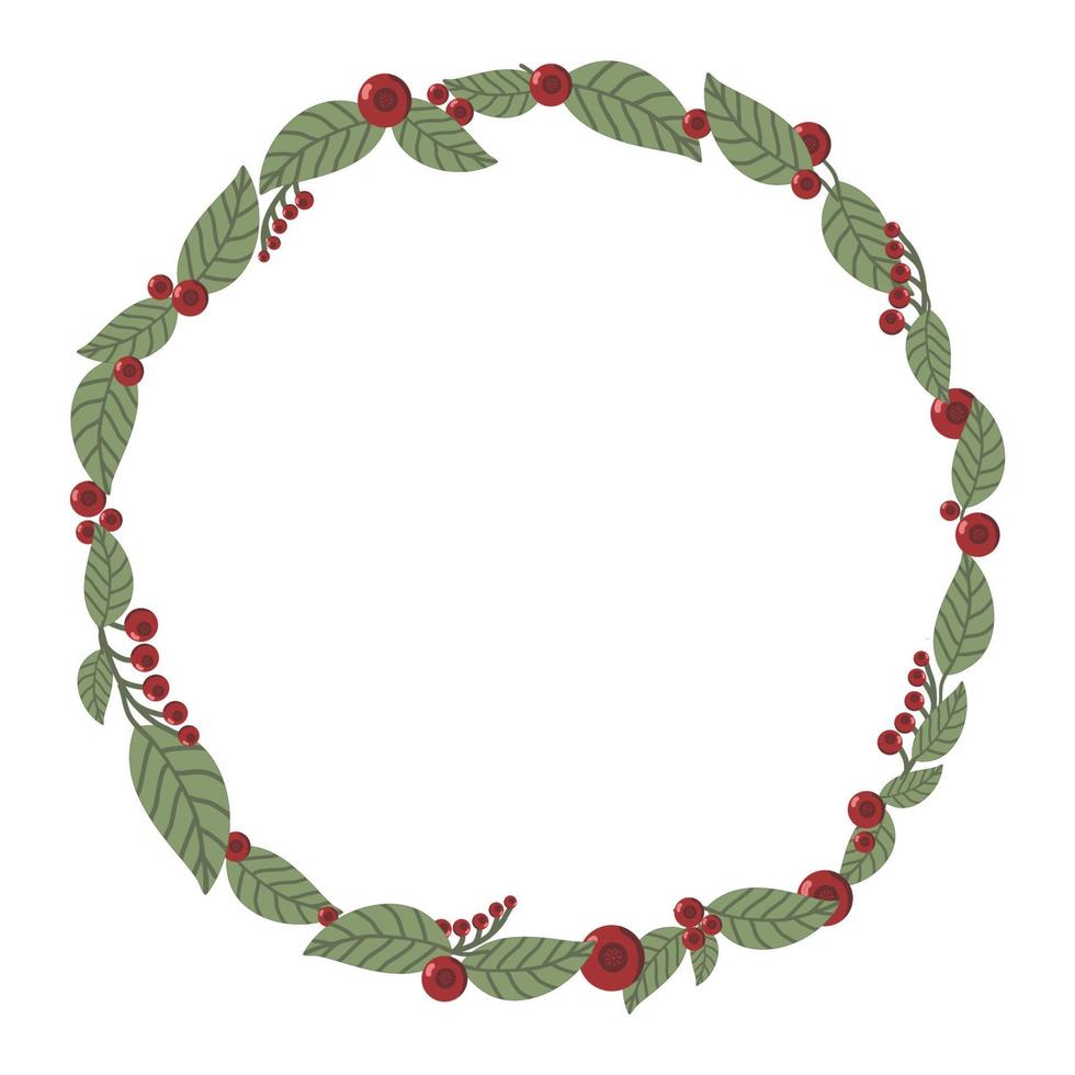 Green leaves and red currant berries wreath on a white background vector