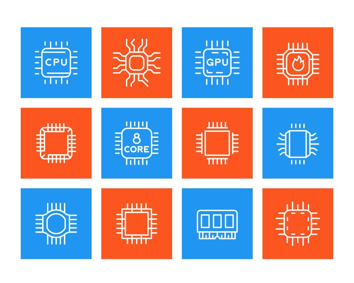 Chipset, microchip, cpu line icons set vector