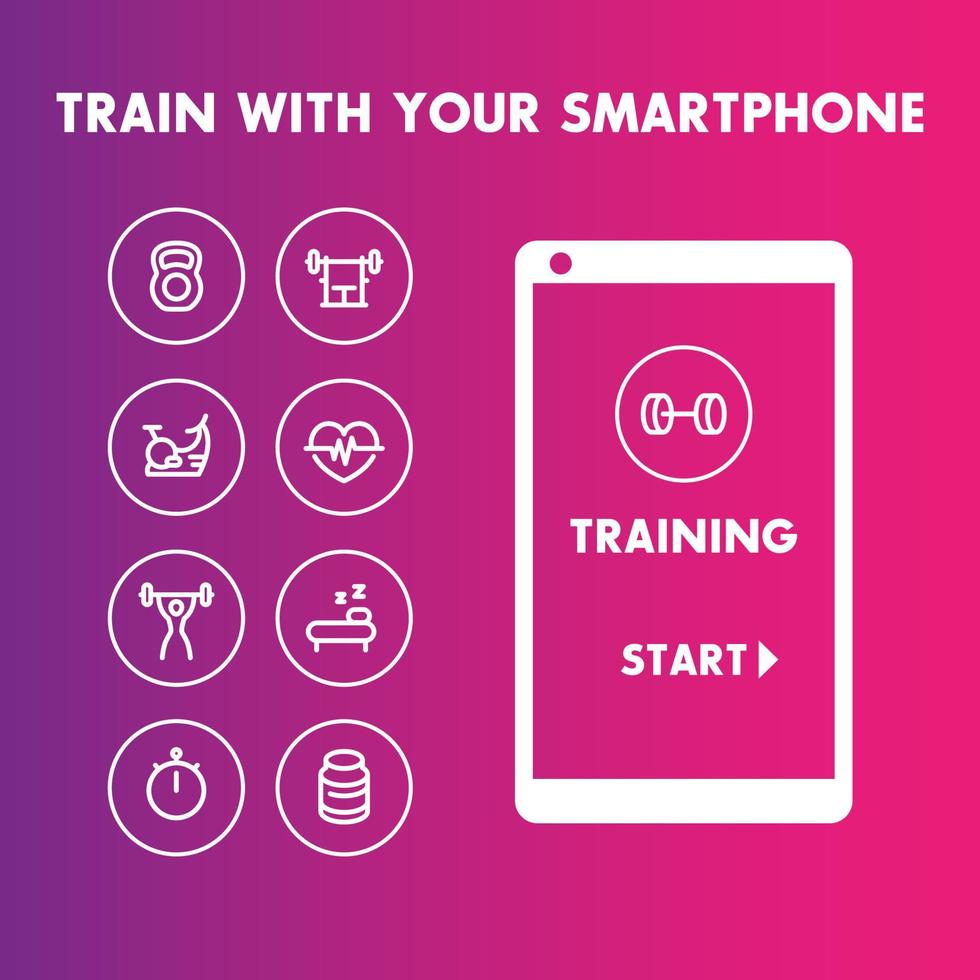 Train with your smartphone, training linear icons, vector illustration