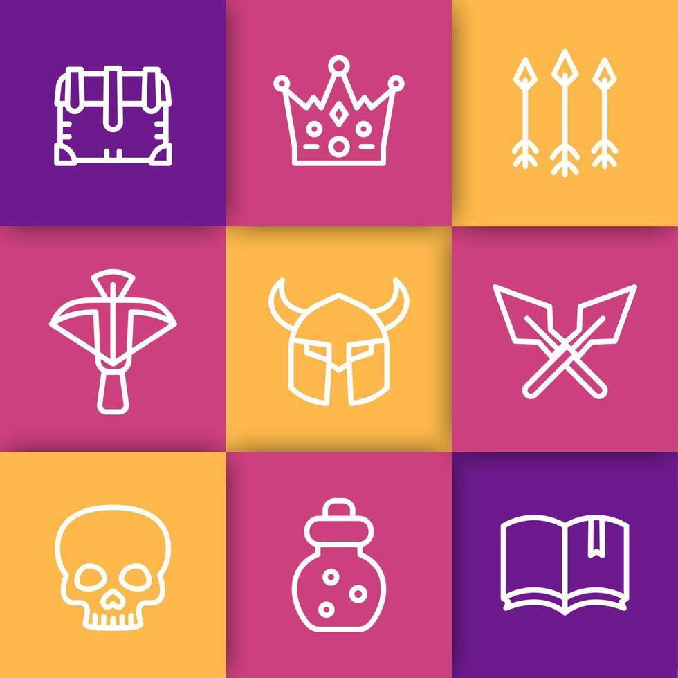 Game line icons set 2, RPG, arrows, crown, helmet, skull, potion, crossbow, chest, medieval vector