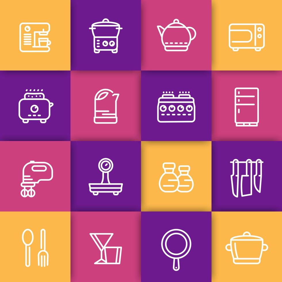 kitchen line icons set, utensils, tableware, tools, cookware, cooking related objects, vector illustration