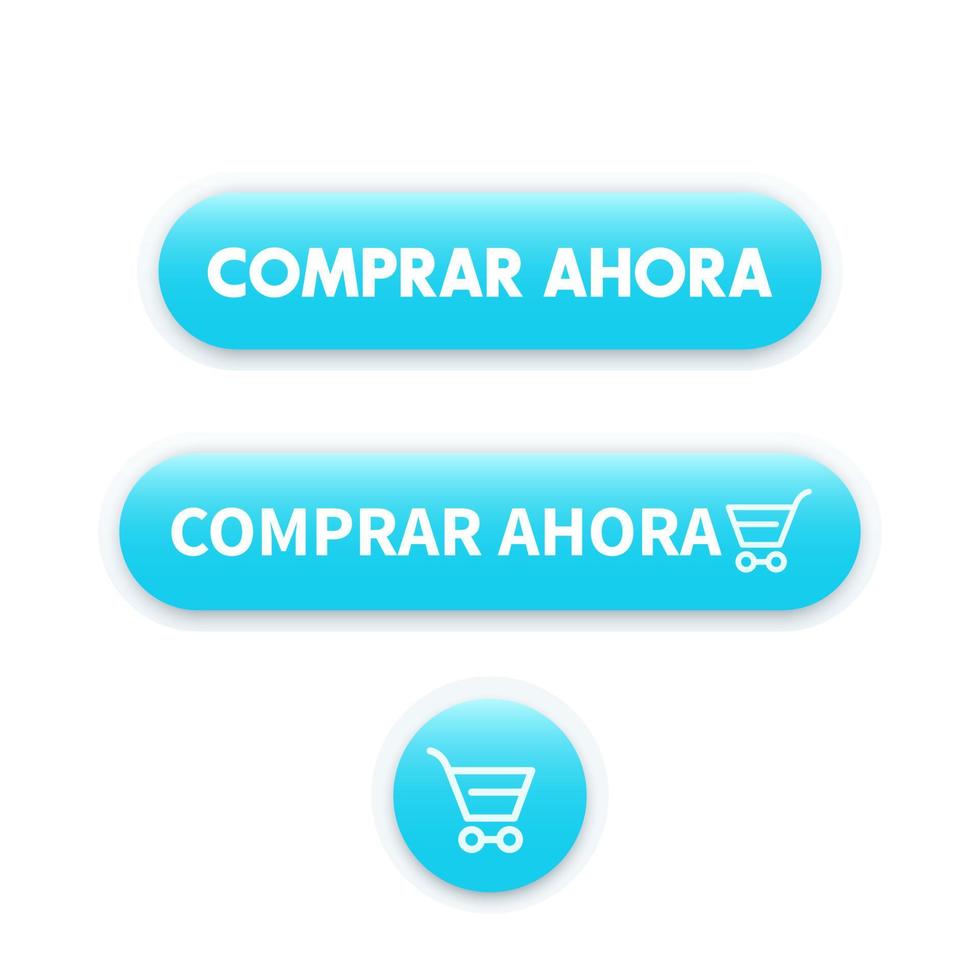 buy now in spanish, blue buttons for web with shopping trolley vector