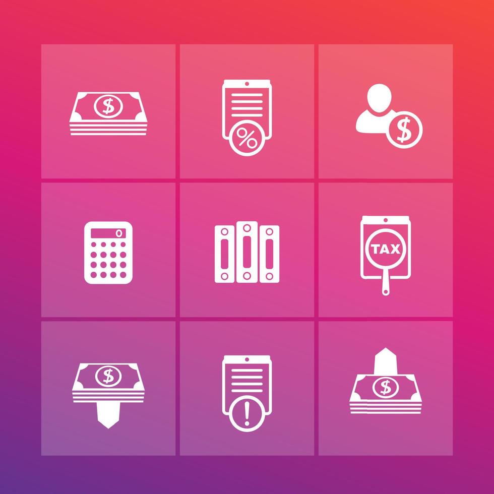 Bookkeeping, finance, payroll icons set, cash, payments, accounting, vector illustration