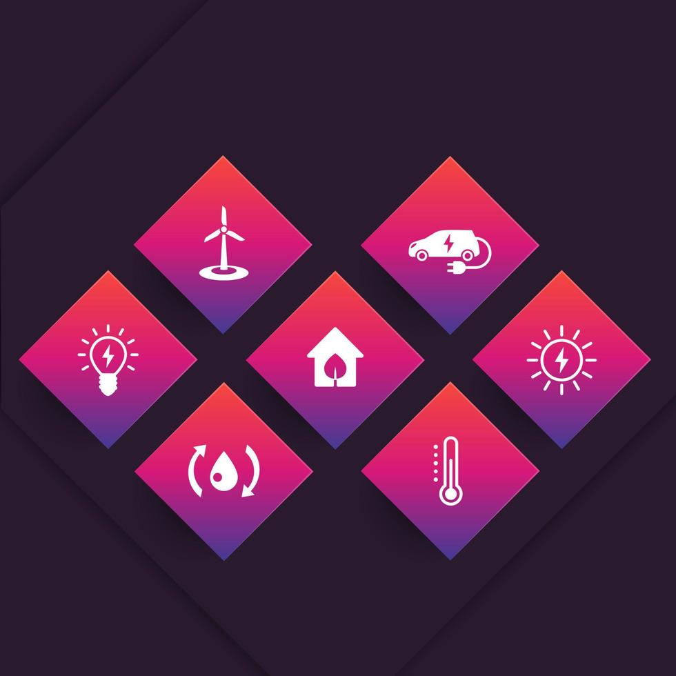 Green ecologic house icons, ecofriendly, energy saving technologies, pictograms on geometric shapes, vector illustration