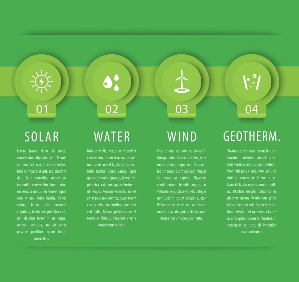 soluciones de energía alternativa, solar, energía eólica, elementos infográficos, plantilla verde, ilustración vectorial vector