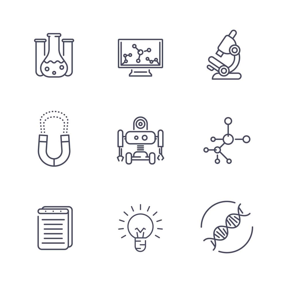 Science line icons isolated on white, research, study, laboratory, chemistry, physics, biology, robotics, mechanical engineering, vector illustration