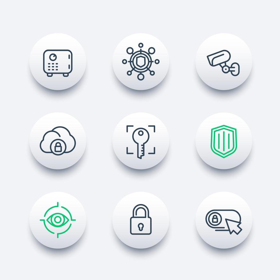 Security line icons set, secure transaction, lock, shield, strongbox, video surveillance, authentication, biometric recognition, online security, safety vector
