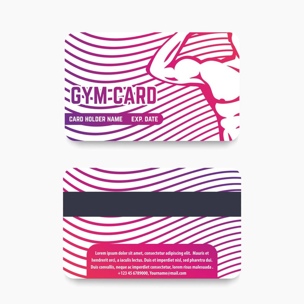 fitness club, gym card template design with strong athlete flexing biceps, vector illustration