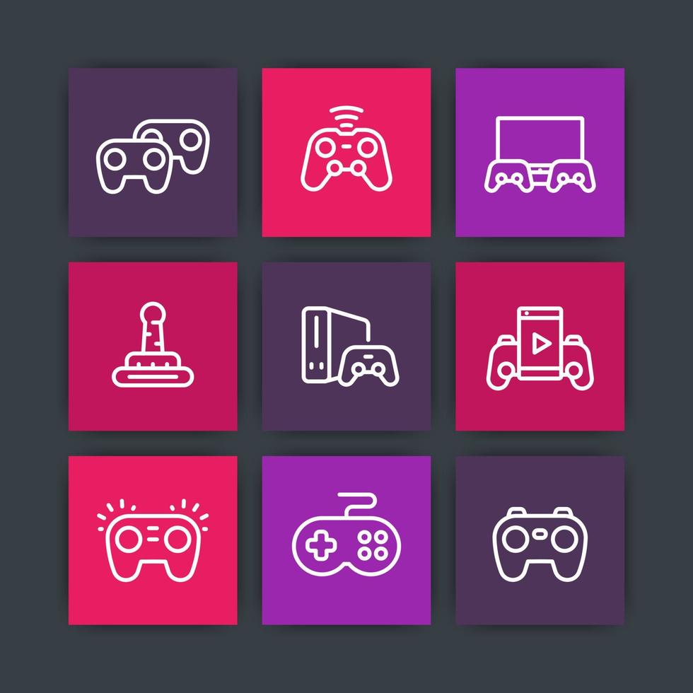 iconos de gamepads, controladores de juegos, consola, juego de pictogramas lineales vectoriales de videojuegos vector