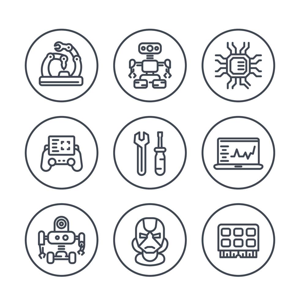 Robotics, mechanical engineering, robots, microelectronics line icons in circles vector