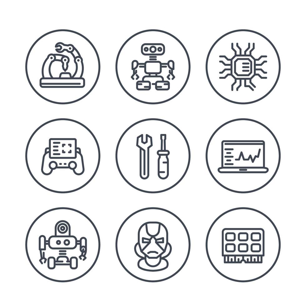 Robotics, mechanical engineering, robots, microelectronics line icons in circles vector