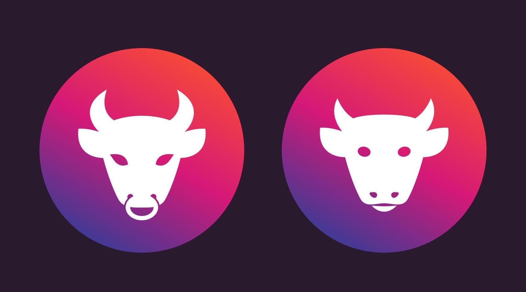 cow and bull heads, cattle ranch icons vector