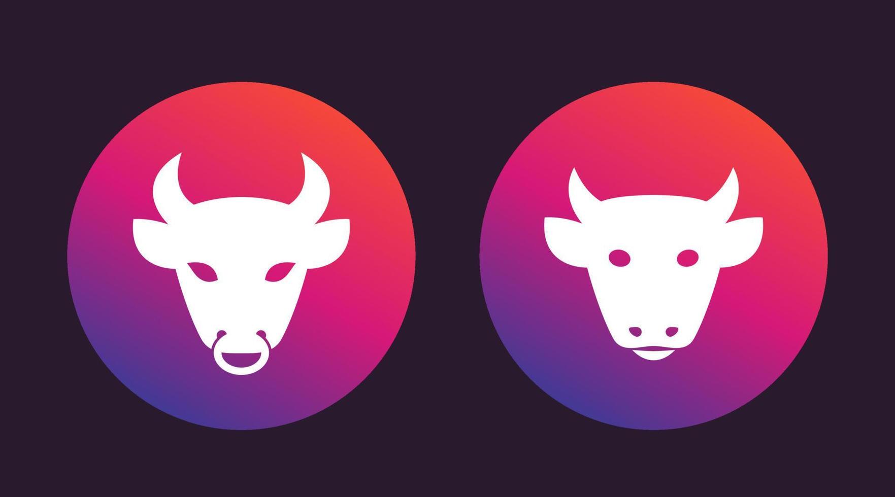 cabezas de vaca y toro, íconos de ganadería vector