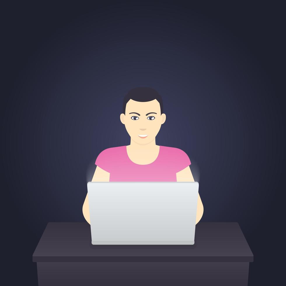 freelancer working at laptop at night, young man late at work, vector illustration